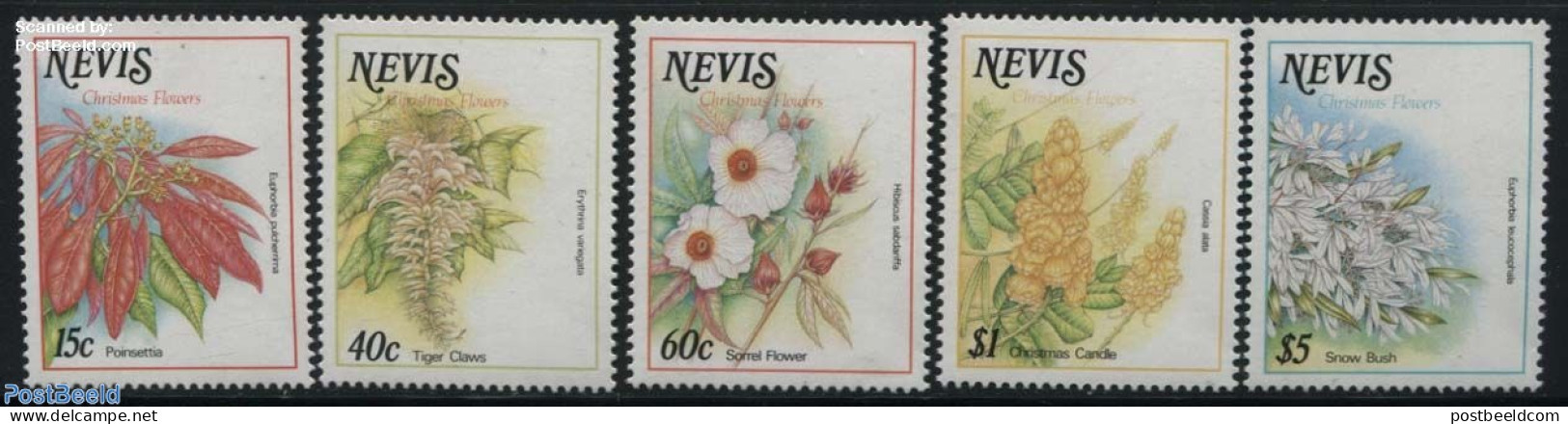 Nevis 1988 Christmas, Flowers 5v, Mint NH, Nature - Religion - Flowers & Plants - Christmas - Weihnachten