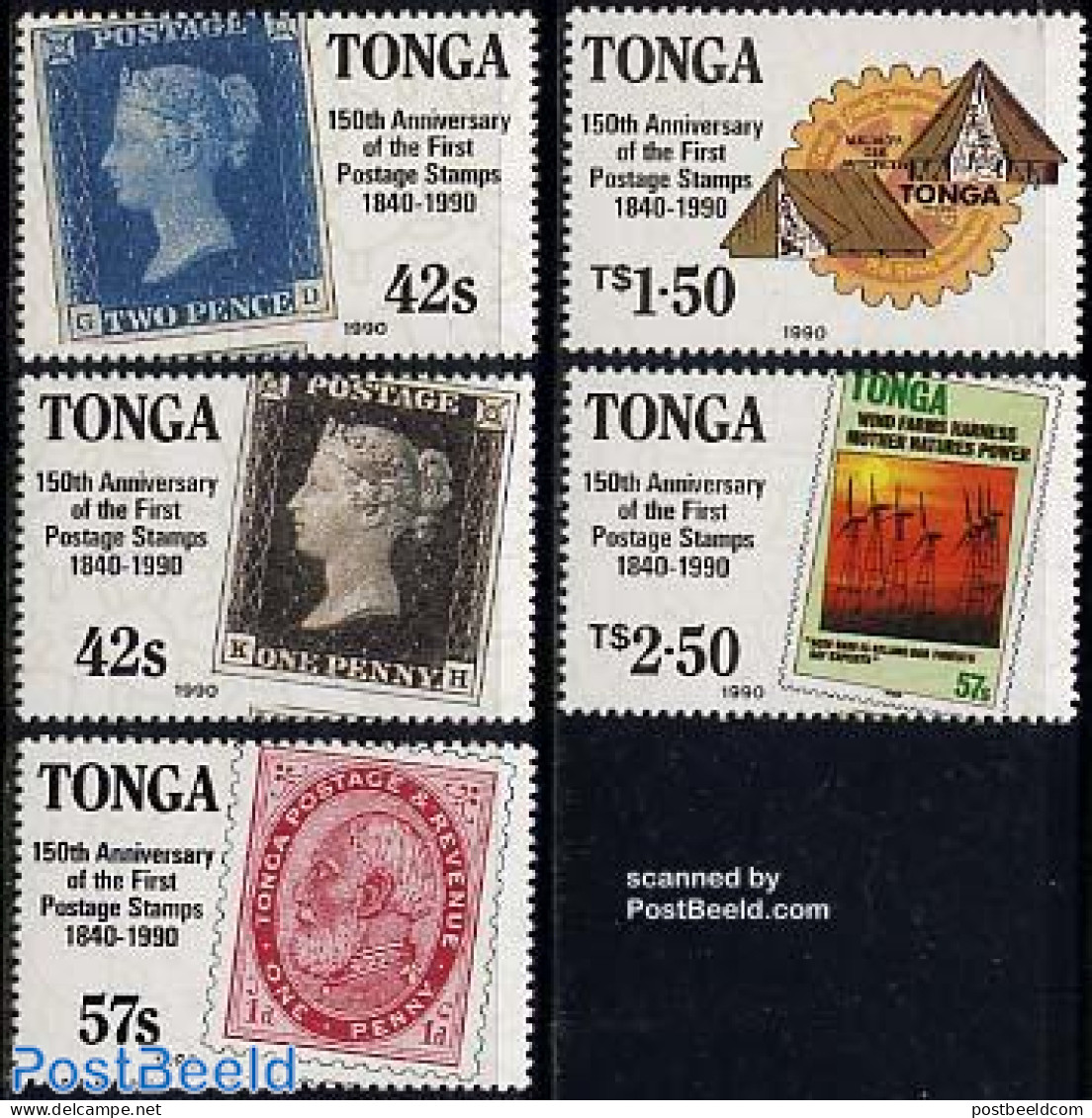 Tonga 1990 150 Years Stamps 5v, Mint NH, Sport - Scouting - Stamps On Stamps - Postzegels Op Postzegels