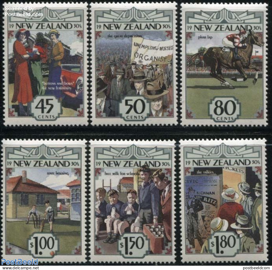 New Zealand 1993 The 1930s 6v, Mint NH, Health - Nature - Performance Art - Food & Drink - Horses - Film - Art - Fashion - Neufs