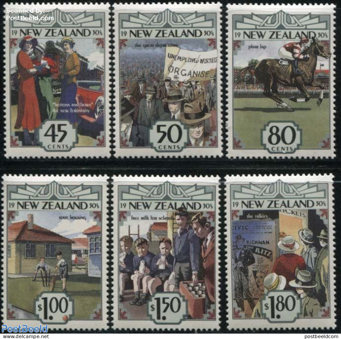 New Zealand 1993 The 1930s 6v, Mint NH, Health - Nature - Performance Art - Food & Drink - Horses - Film - Art - Fashion - Unused Stamps