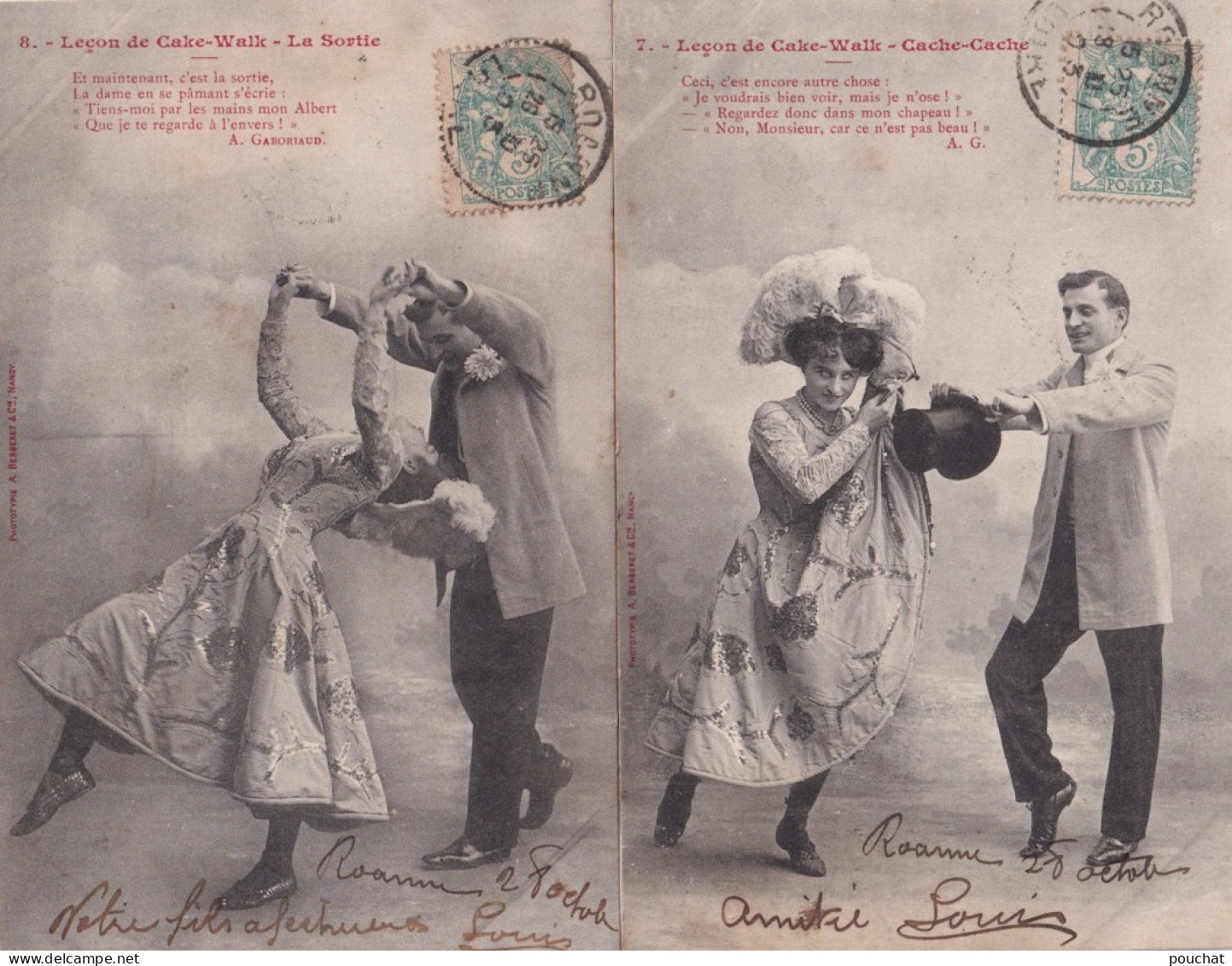 A4- BERGERET - LA LECON DE CAKE WALK - SERIE COMPLETE DE 8 CPA -  COUPLE - DANSE - 1903 - ( TOUS LES SCANS ) - Bergeret