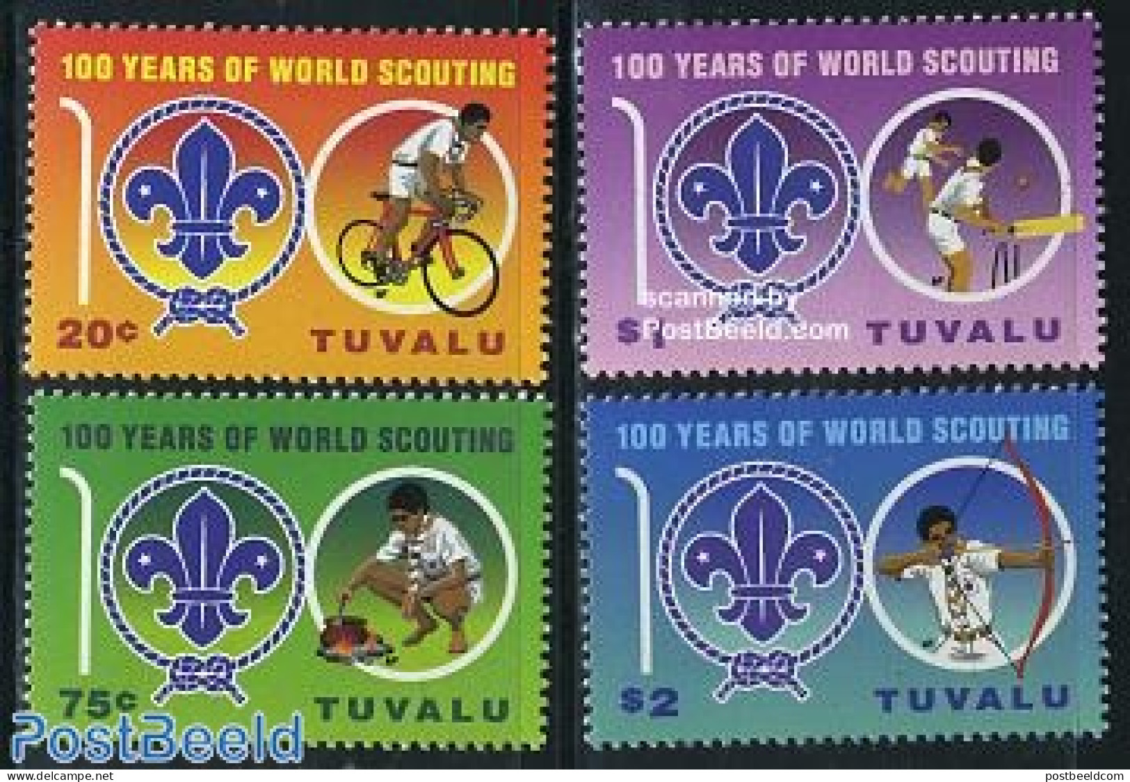 Tuvalu 2007 Scouting Centenary 4v, Mint NH, Sport - Cricket - Cycling - Scouting - Shooting Sports - Cricket