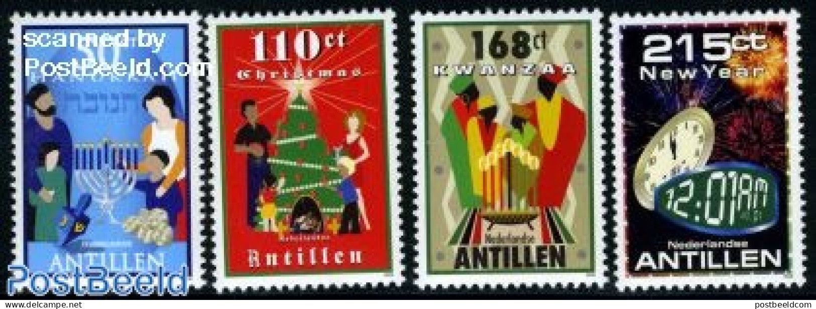Netherlands Antilles 2009 December Stamps 4v, Mint NH, Religion - Various - Christmas - Judaica - New Year - Art - Clo.. - Navidad