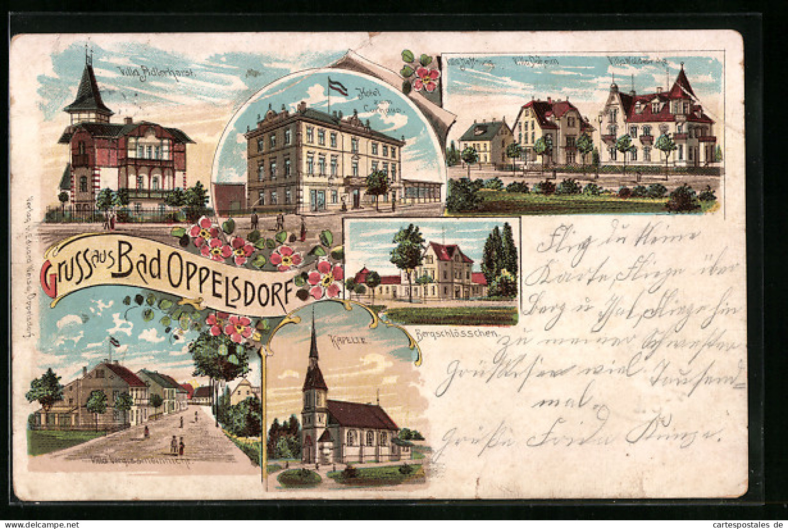 Lithographie Bad Oppelsdorf, Villa Adlerhorst, Hotel Zum Curhaus Und Kapelle  - Sudeten