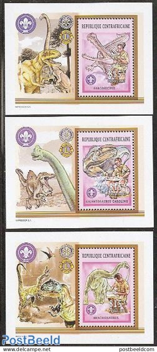 Central Africa 2002 Scouting/preh.animals 3 S/s, Mint NH, Nature - Sport - Various - Prehistoric Animals - Scouting - .. - Prehistóricos