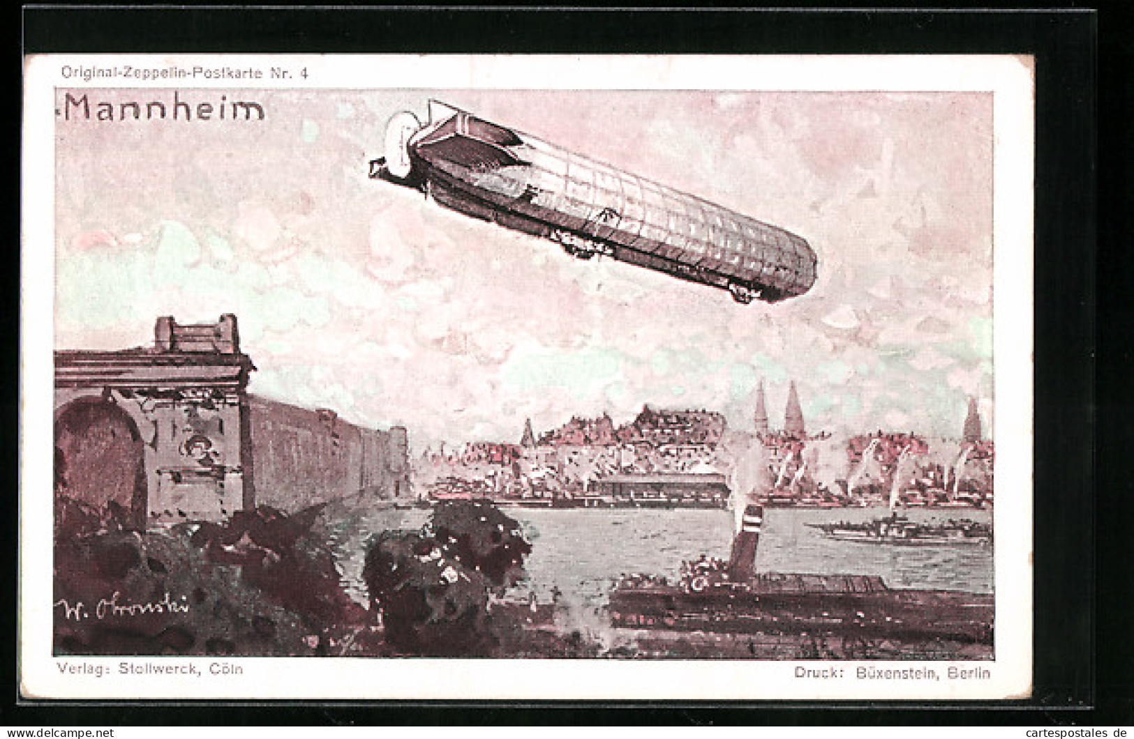 Künstler-AK Mannheim, Zeppelin über Dampfschiff Mit Brücke - Zeppelin-Postkarte Nr. 4 Von Stollwerck  - Landbouw