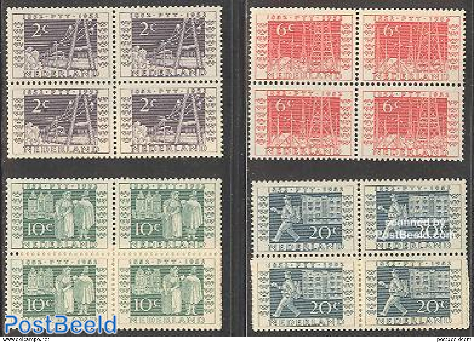 Netherlands 1952 PTT JUBILEE 4V BL.OF 4, Mint NH, Transport - Post - Railways - Unused Stamps