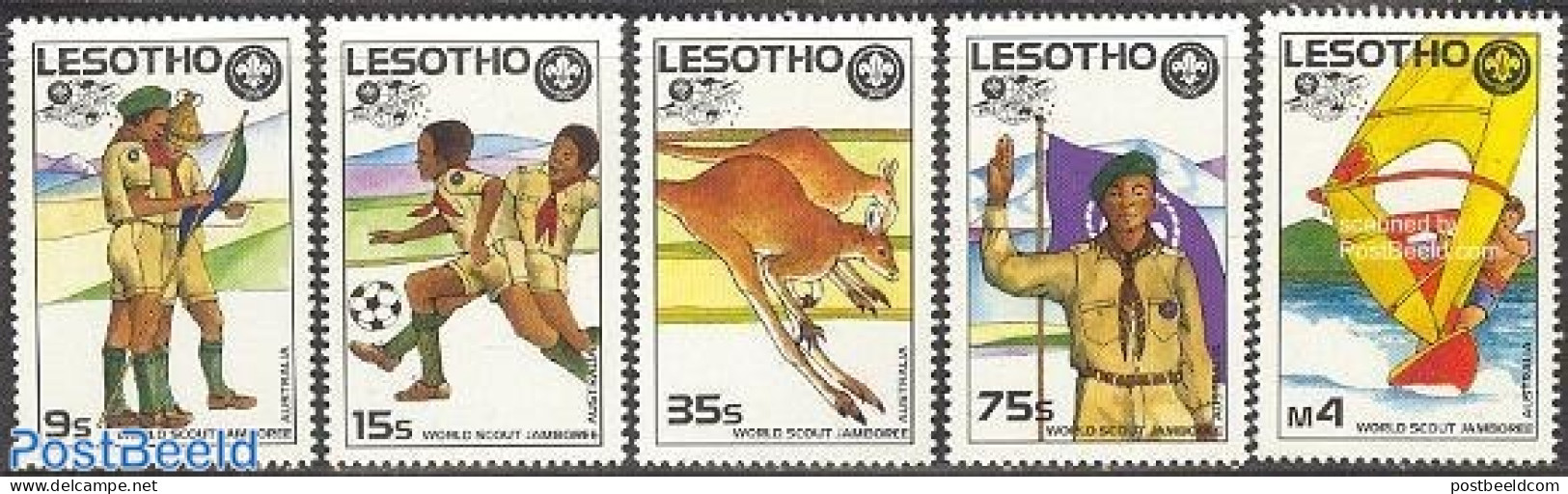 Lesotho 1987 World Jamboree 5v, Unused (hinged), Nature - Sport - Transport - Animals (others & Mixed) - Football - Sa.. - Sailing