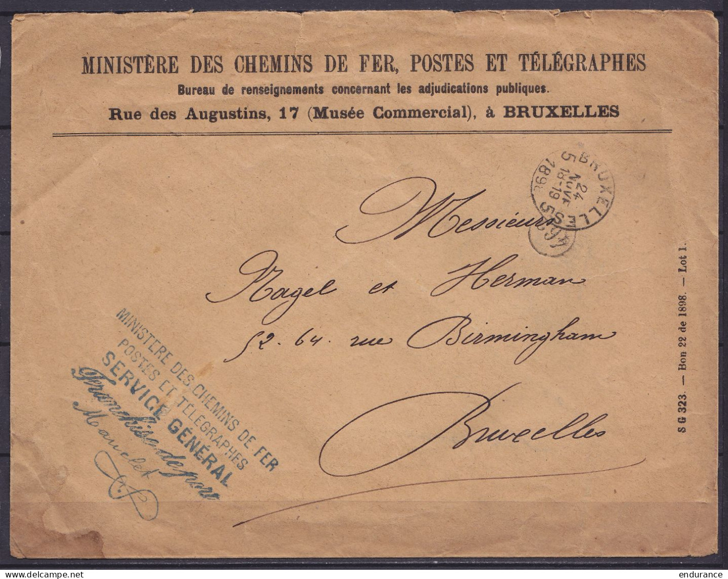 L. En Franchise "Ministère De Chemins De Fer, Postes Et Télégraphes" Càd BRUXELLES 5/24 NOV 1898 Pour E/V - Otros & Sin Clasificación