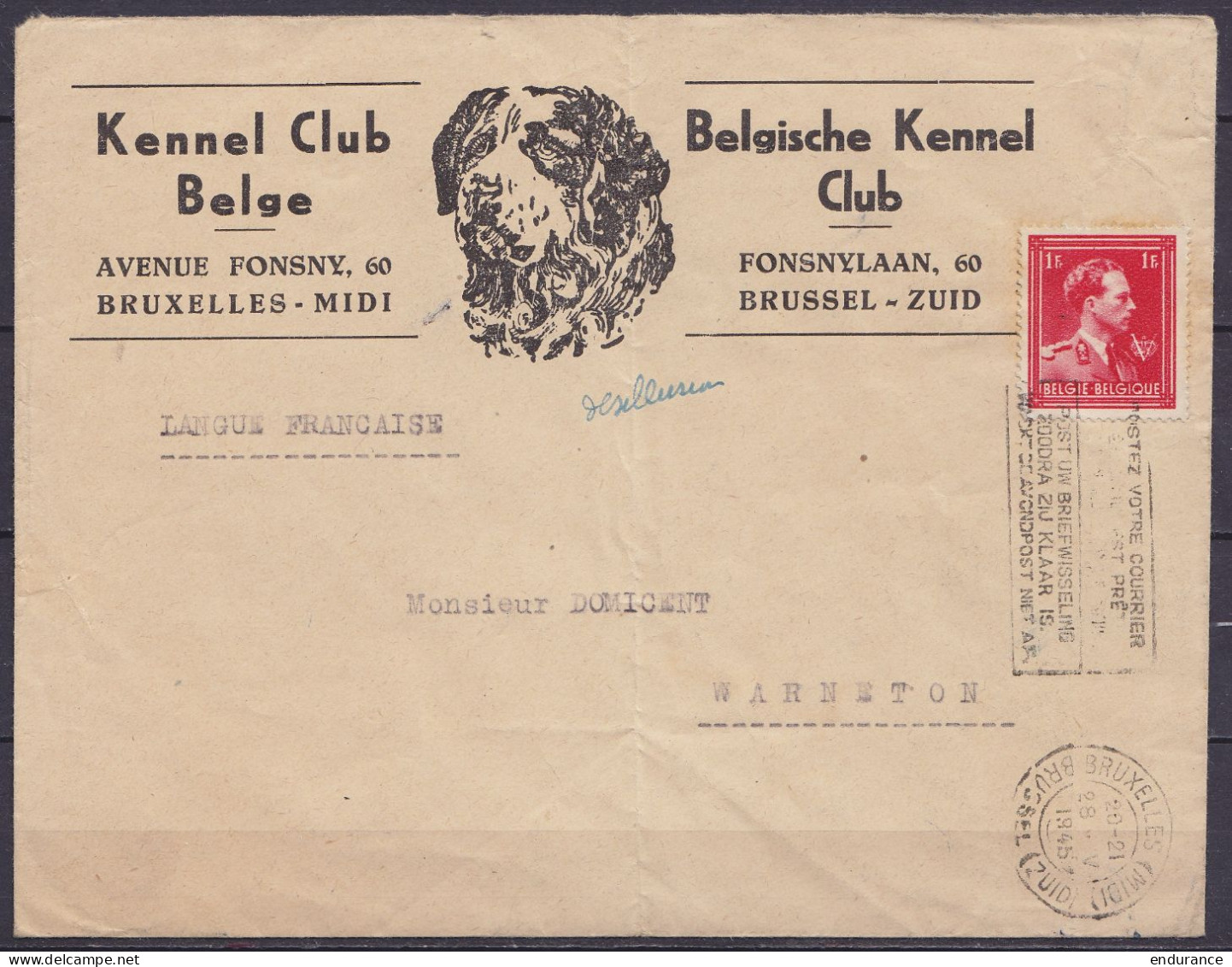 L. "Kennel Club Belge" (chiens) Affr. N°690 Flam. BRUXELLES (MIDI) /28 V 1945 Pour WARNETON (pli Vertical Au Centre) - 1936-1957 Open Collar