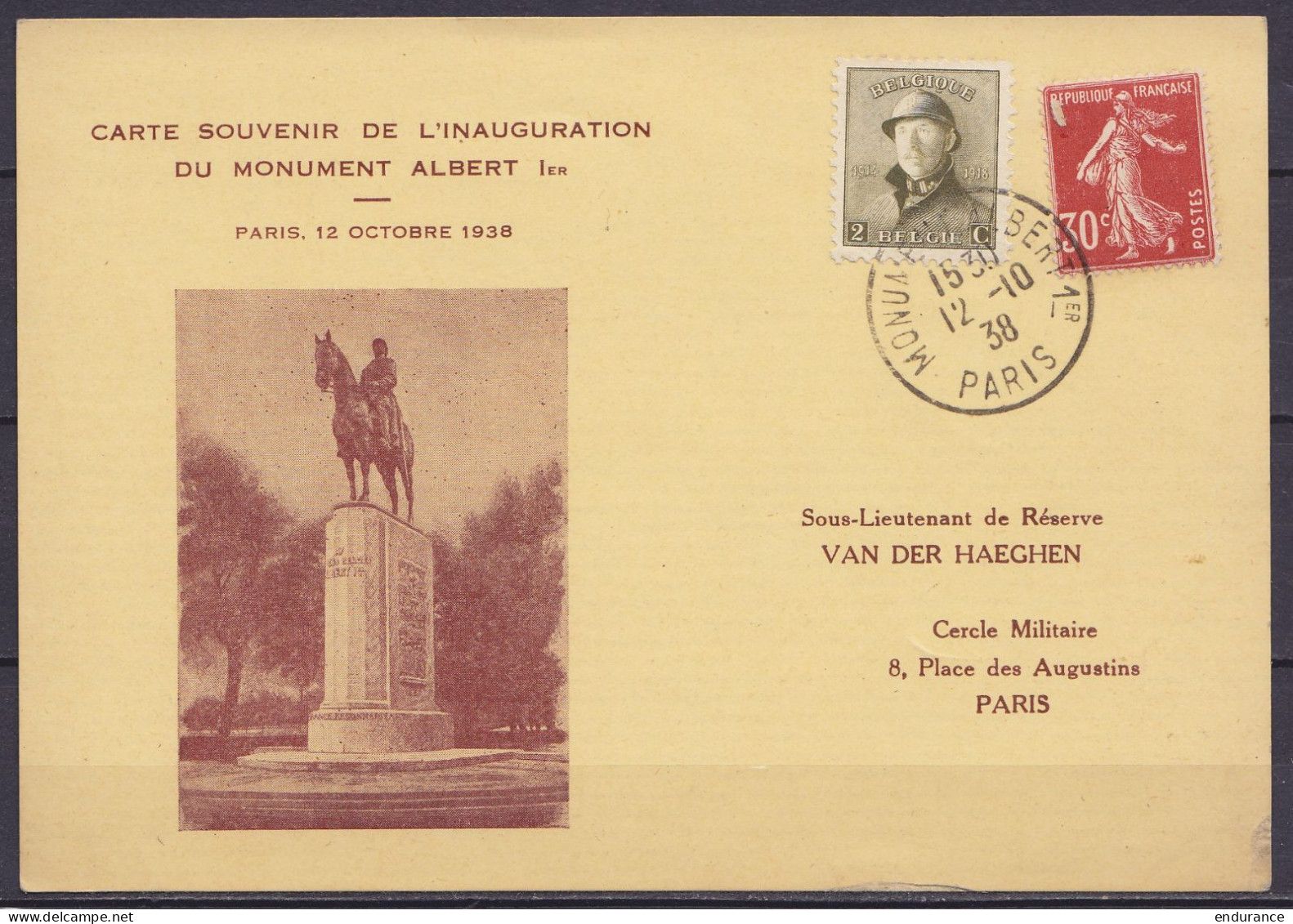 Carte Souvenir De L'inauguration Du Monument Albert 1e Affr. N°166 + Semeuse 30c Càd "MONUMENT ALBERT 1e /12-10-1938/ PA - 1919-1920 Roi Casqué