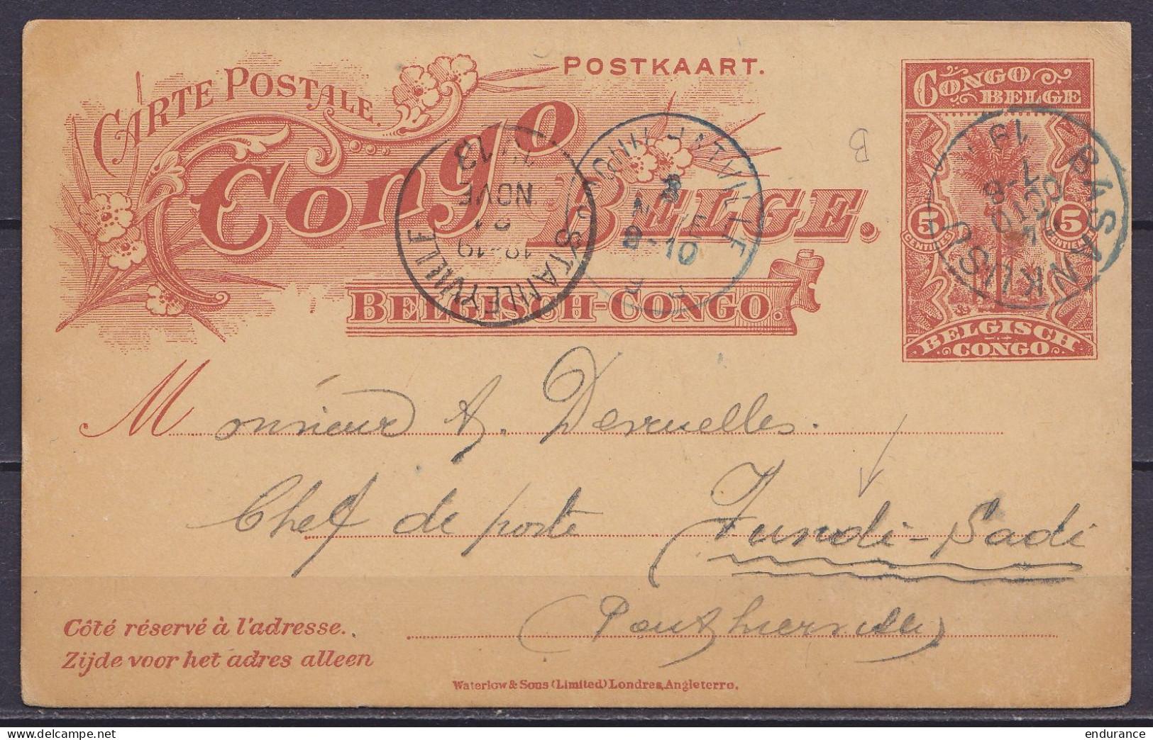 Congo Belge - EP CP 5c Càd Bleu BASANKUSU /24 OCT 1913 Pour FUNDI-SADI Via COQUILHATVILLE & STANLEYVILLE - RR En Service - Entiers Postaux