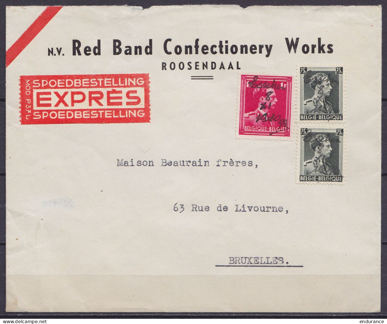 L. "Red Band Confectionery Works - Roosendaal" EXPRES Affr. N°428+2x480 Annulation Fortune à La Plume "Esschen 8 XI 1940 - Guerra '40-'45 (Storia Postale)