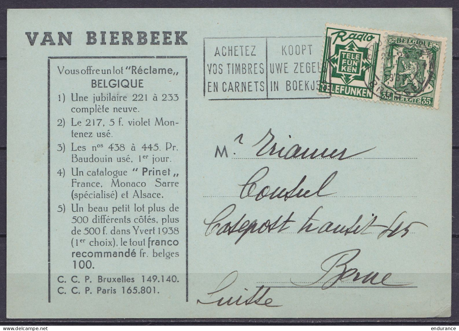 CP Philatéliste Van Bierbeek Affr. PUB N°PU93 (Radio Telefunken) Flam. BRUXELLES 1938 Pour BERNE (Suisse) - Sonstige & Ohne Zuordnung