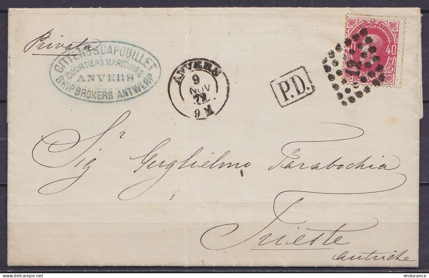 L. Affr. N°34a (rose-lilas Foncé RRR !) Lpts "12" Càd ANVERS /9 NOV 1872 Pour TRIESTE (Autriche) - [P.D.] (au Dos: Càd A - 1869-1883 Léopold II