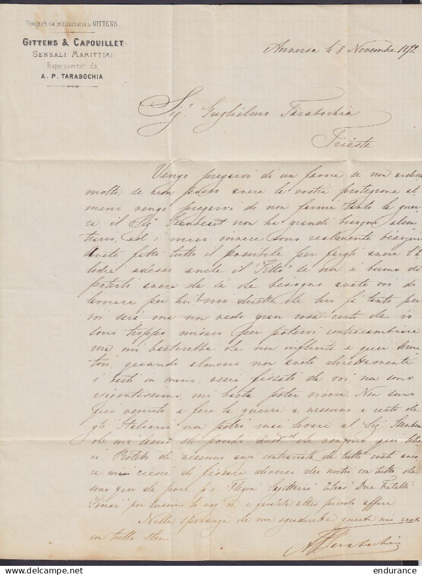 L. Affr. N°34a (rose-lilas Foncé RRR !) Lpts "12" Càd ANVERS /9 NOV 1872 Pour TRIESTE (Autriche) - [P.D.] (au Dos: Càd A - 1869-1883 Léopold II