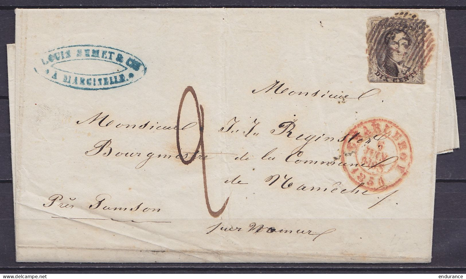 L. Datée 6 Juin 1856 De MARCINELLE Affr. N°6 P25 Rouge ! (RR !) Càd CHARLEROI /6 JUIN 1856 Pour NAMECHE Près Samson (au  - 1851-1857 Médaillons (6/8)