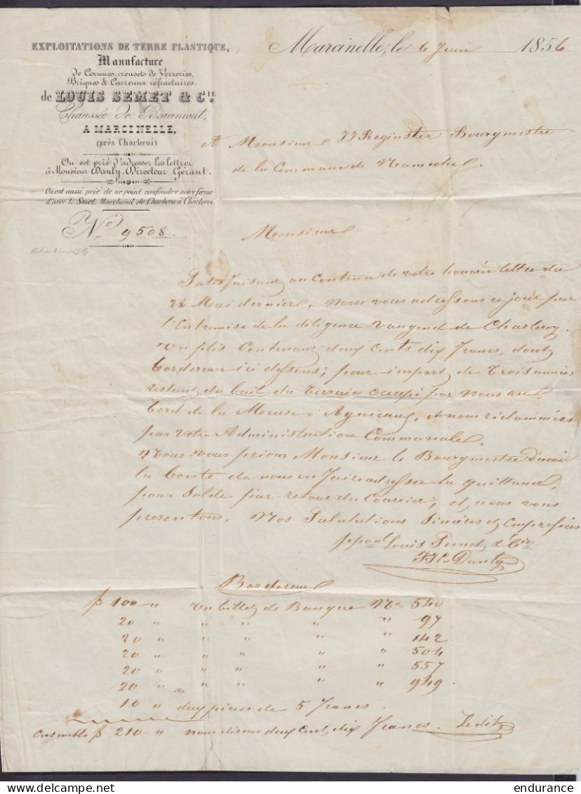 L. Datée 6 Juin 1856 De MARCINELLE Affr. N°6 P25 Rouge ! (RR !) Càd CHARLEROI /6 JUIN 1856 Pour NAMECHE Près Samson (au  - 1851-1857 Medallones (6/8)