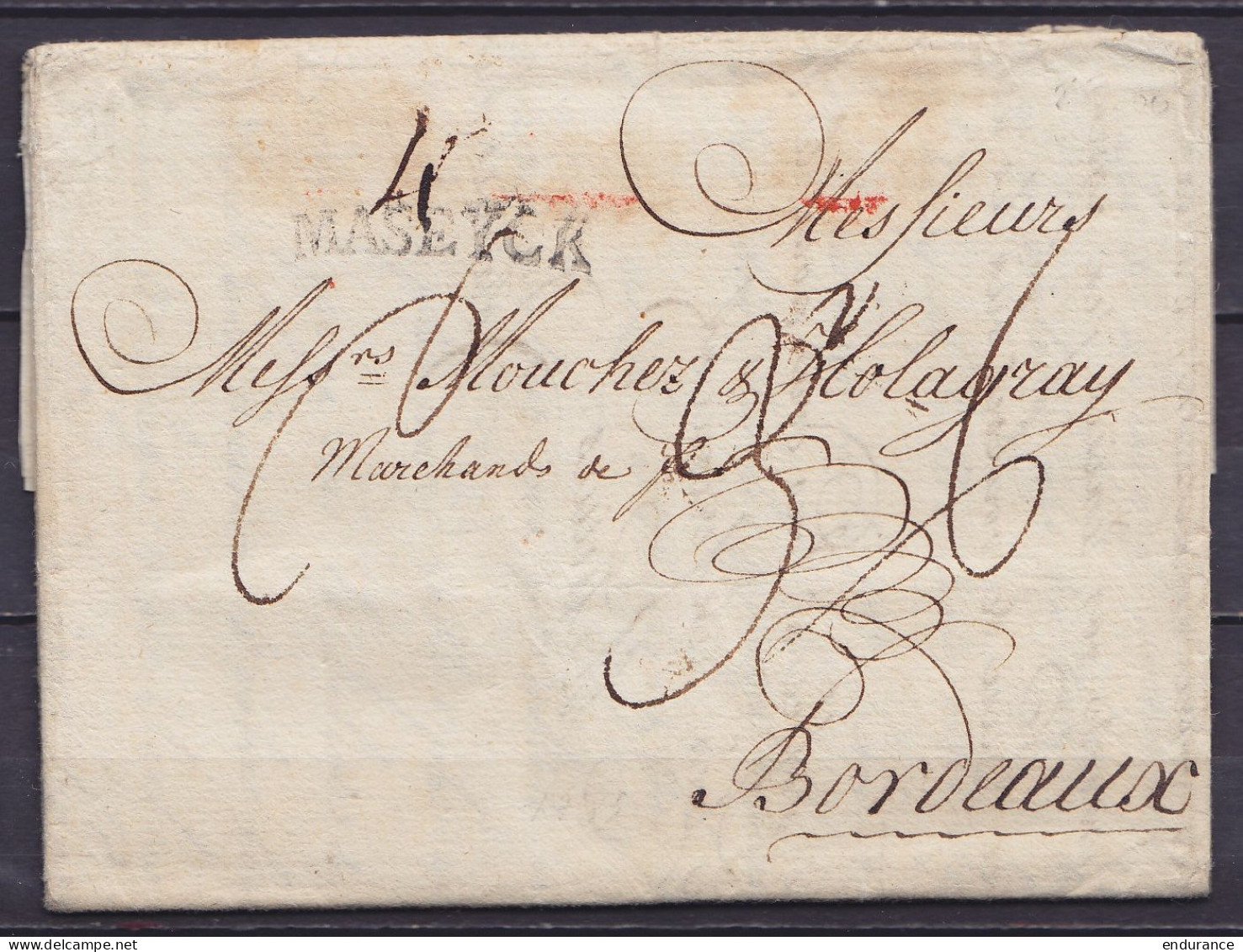 L. Datée 4 Octobre 1785 De REMSCHEID Pour BORDEAUX - Griffe "MASEYCK" - Port "36" - 1714-1794 (Austrian Netherlands)