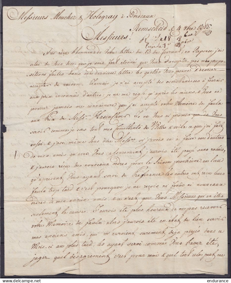 L. Datée 4 Octobre 1785 De REMSCHEID Pour BORDEAUX - Griffe "MASEYCK" - Port "36" - 1714-1794 (Paises Bajos Austriacos)