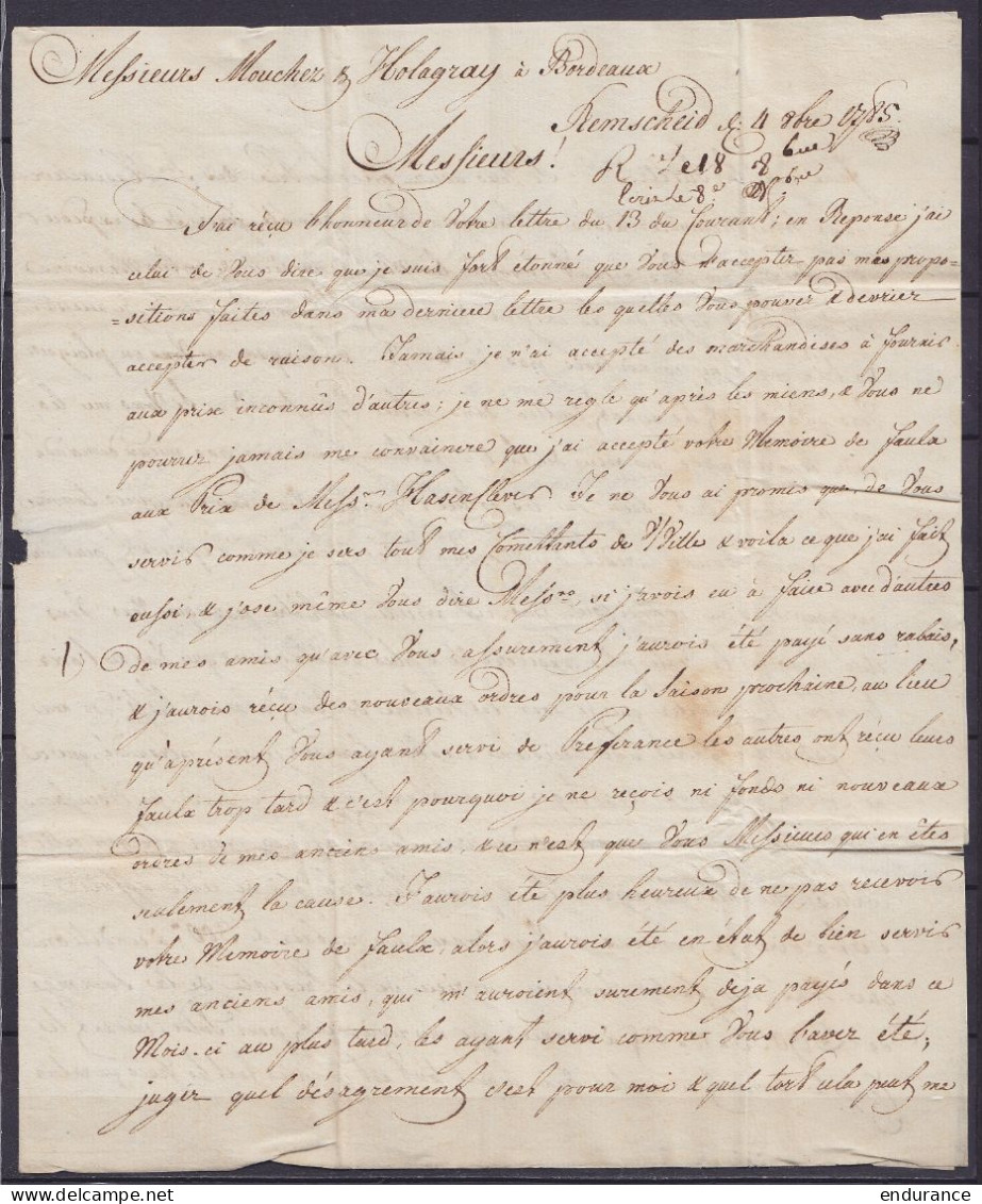 L. Datée 4 Octobre 1785 De REMSCHEID Pour BORDEAUX - Griffe "MASEYCK" - Port "36" - 1714-1794 (Pays-Bas Autrichiens)