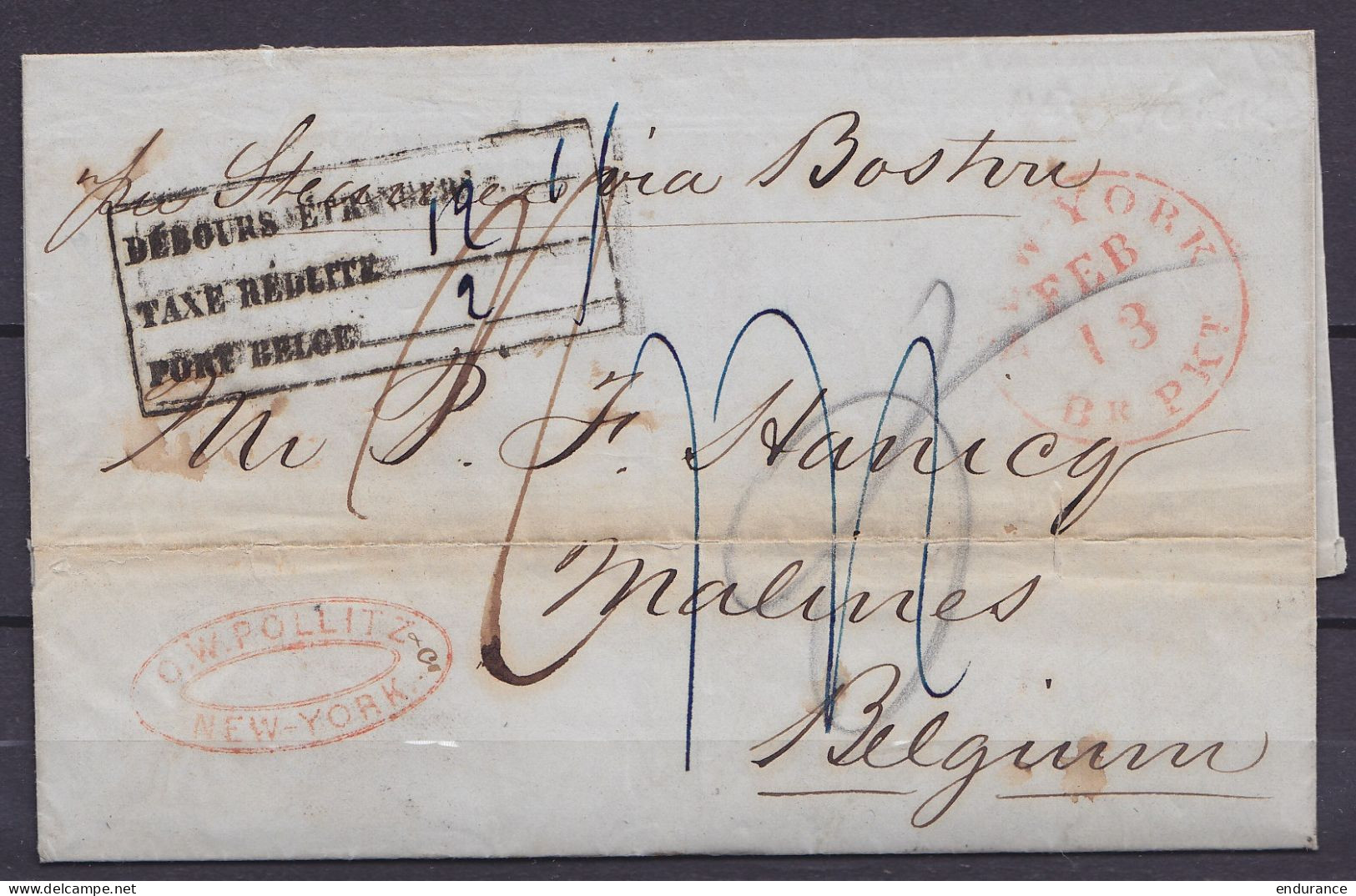 L. Datée 13 Février 1855 De NEW YORK Pour MALINES "par Steamer Via Boston" - Marque [DEBOURS ETRANGERS / TAXE REDUITE /  - 1851-1857 Medaillen (6/8)