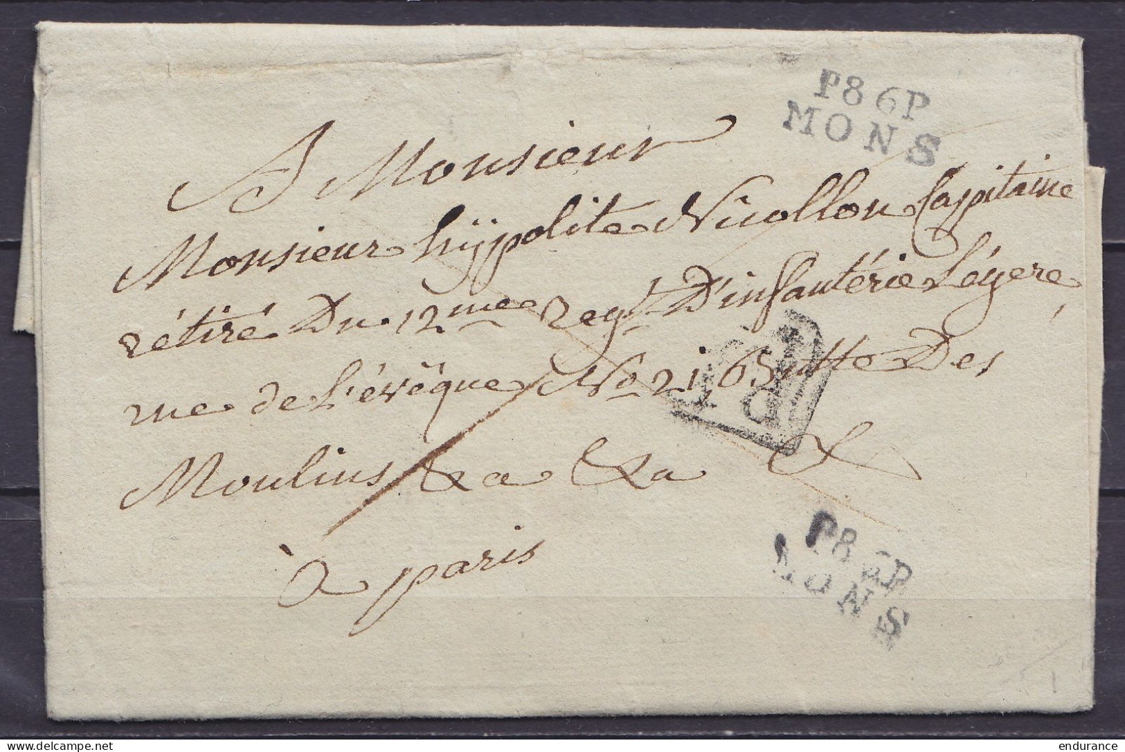 L. Datée 7 Avril 1808 De JEMAPPES MONS Pour Militaire Retraité à PARIS - Griffe "P86P/MONS" (doublée) - Griffe [P.P.P.P. - 1794-1814 (Französische Besatzung)