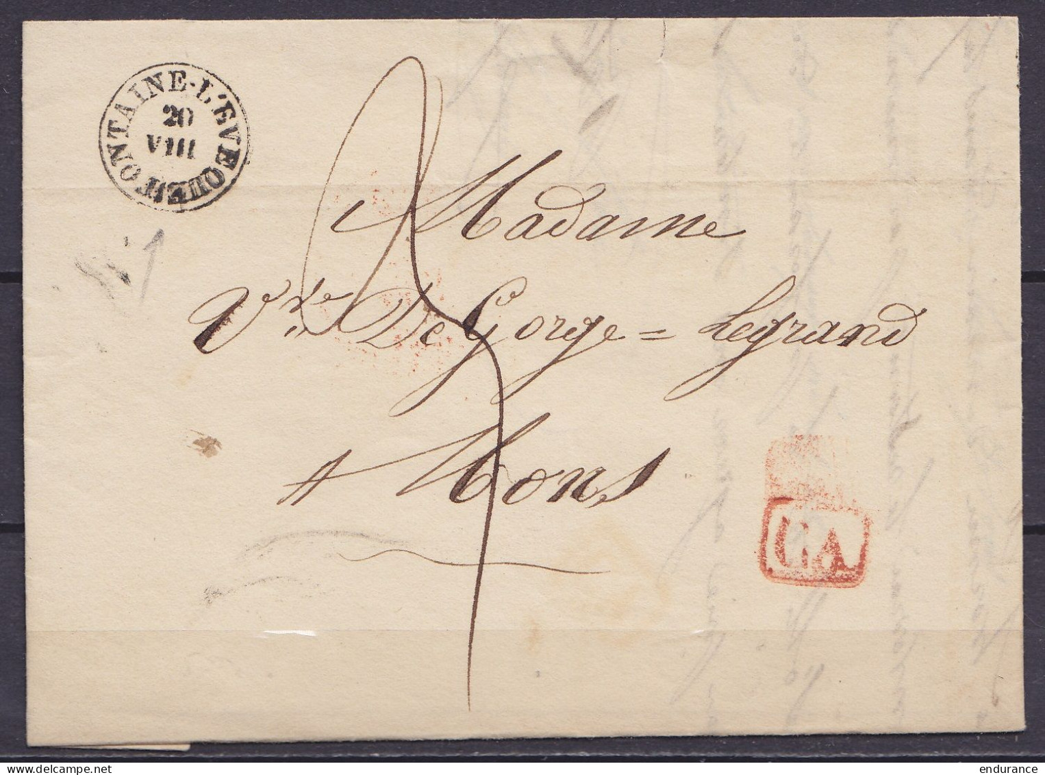 L. Datée 20 Août 1839 De FONTAINE L'EVEQUE - T18 "FONTAINE L'EVEQUE /20 VIII" Pour MONS - [CA] (Correspondance D'arrondi - 1830-1849 (Belgique Indépendante)