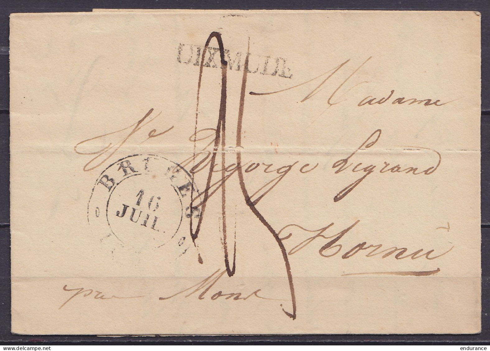 L. Datée 15 Juillet 1833 De Dixmude Càd BRUGES /16 JUIL 1833 Pour HORNU Par Mons - Griffe "DIXMUDE" (au Dos: Càd Arrivée - 1830-1849 (Unabhängiges Belgien)