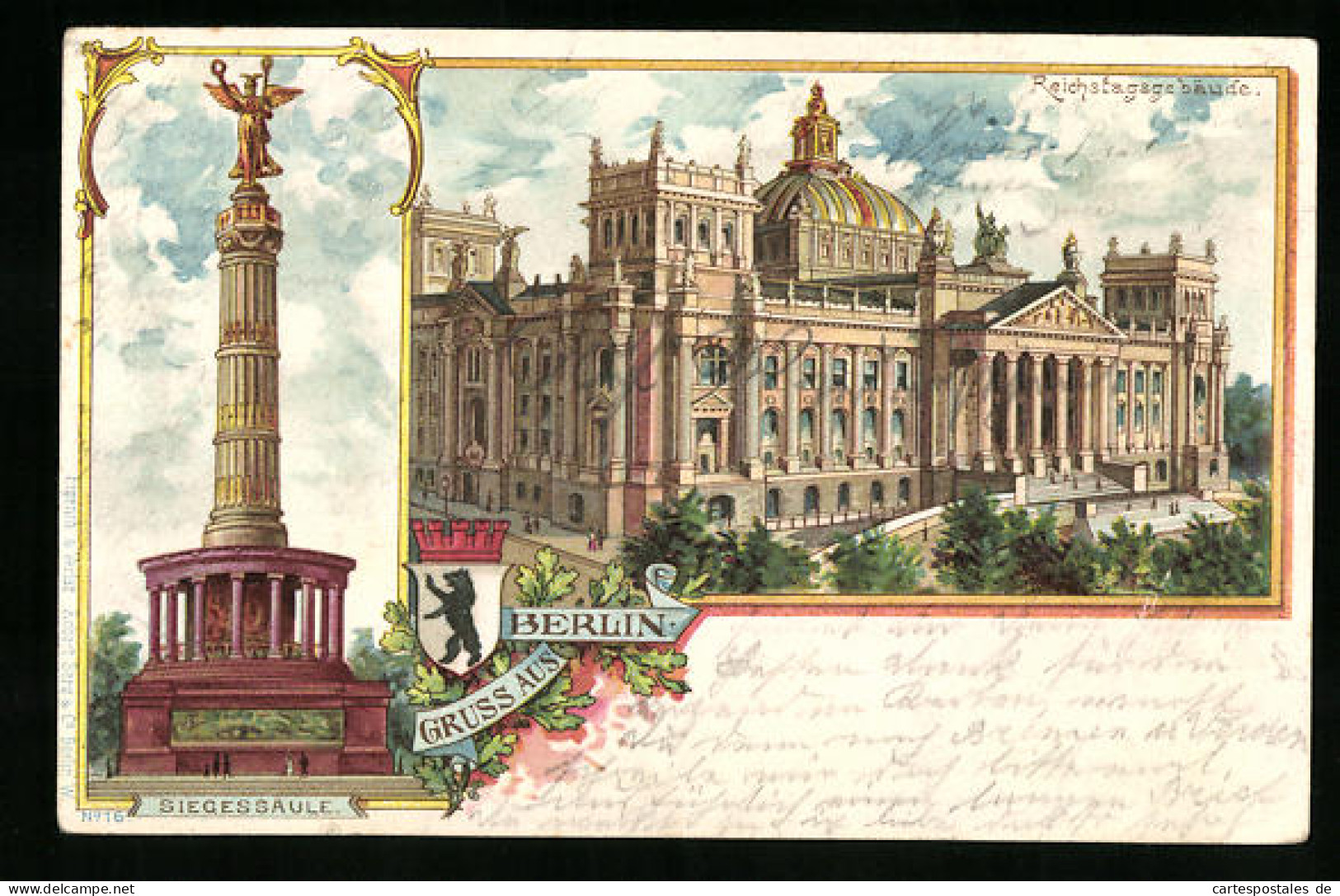 Lithographie Berlin, Reichstagsgebäude, Siegessäule  - Tiergarten