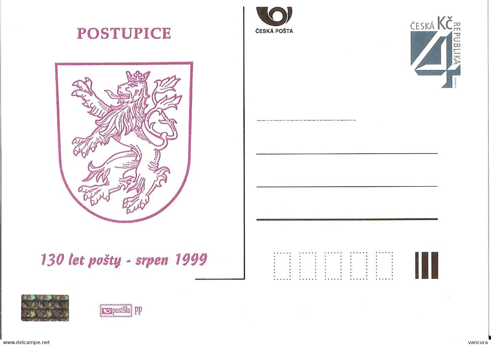 CDV B 175 Czech Republic Postupice Coat Of Arms 1999 Heraldic Lion - Postales