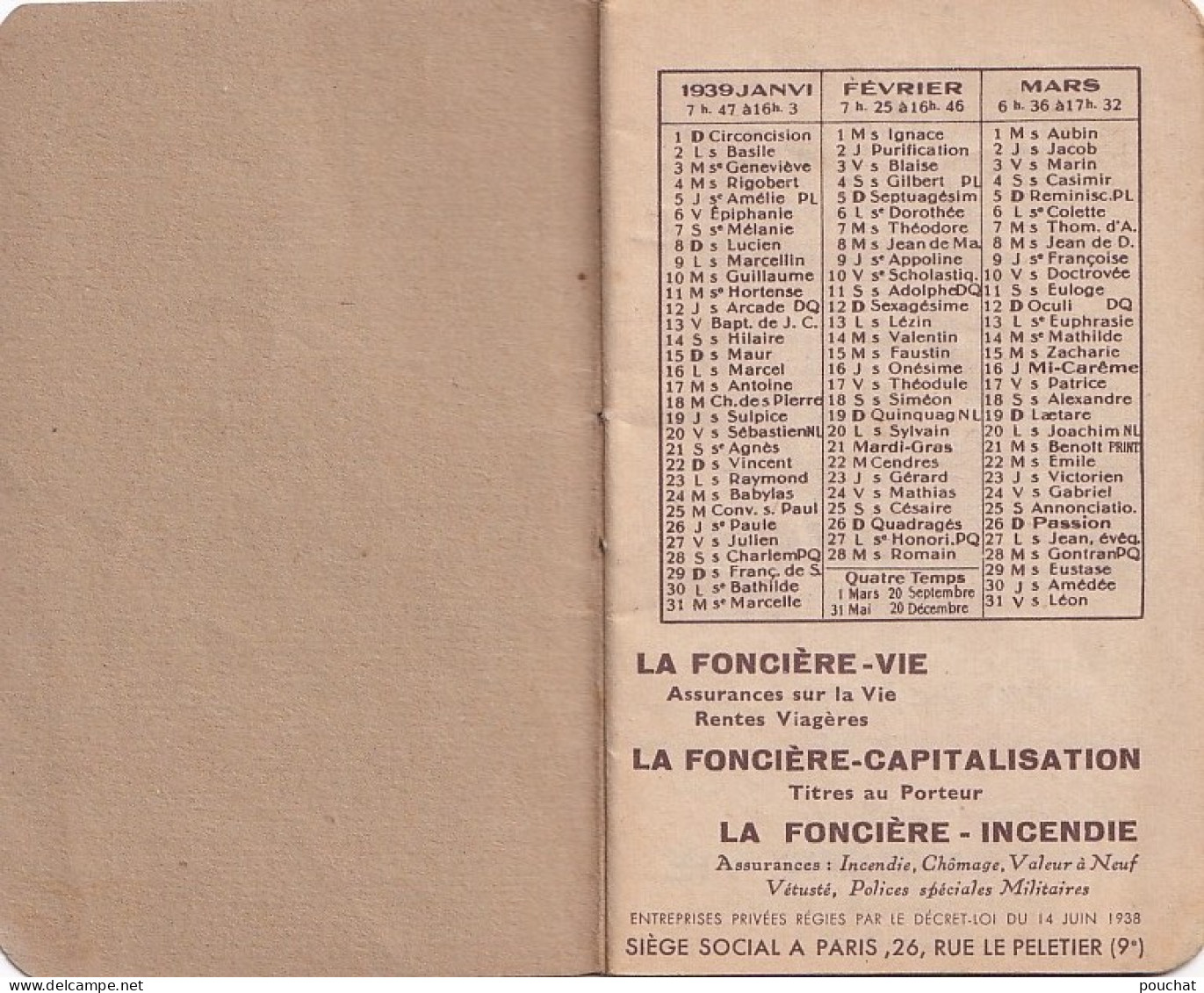 F8- PETIT ALMANACH DE POCHE DE 1939  - ASSURANCE " LA FONCIERE " INCENDIE - VIE - CAPITALISATION - ( 4 SCANS ) - Tamaño Pequeño : 1921-40