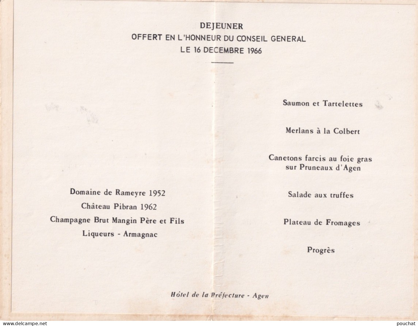 AGEN - GRAVURE HOTEL DE LA PREFECTURE - MENU - DEJEUNER OFFERT EN L ' HONNEUR DU CONSEIL GENERAL LE 16/12/1966 - 3 SCANS - Menus