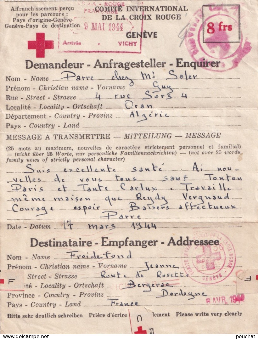 LETTRE MESSAGE COMITE INTERNATIONAL DE LA CROIX ROUGE GENEVE 09 MAI 1944 - DELEGATION DE  VICHY - BERGERAC - (2 SCANS) - Red Cross