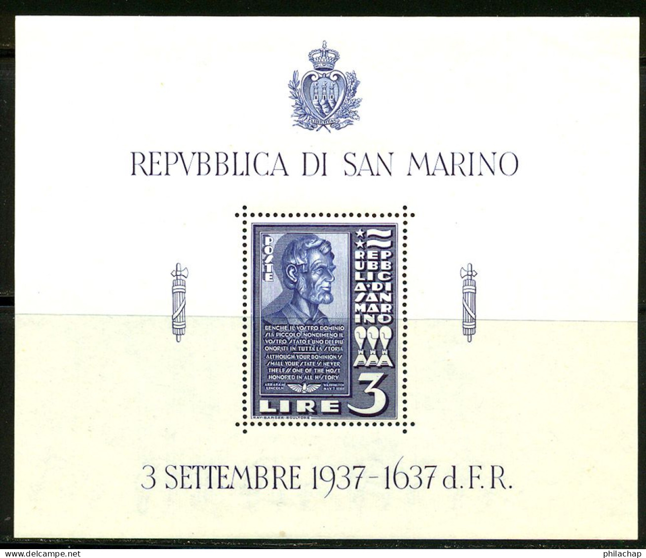 Saint-Marin BF 1938 Yvert 2 ** TB - Blocks & Sheetlets