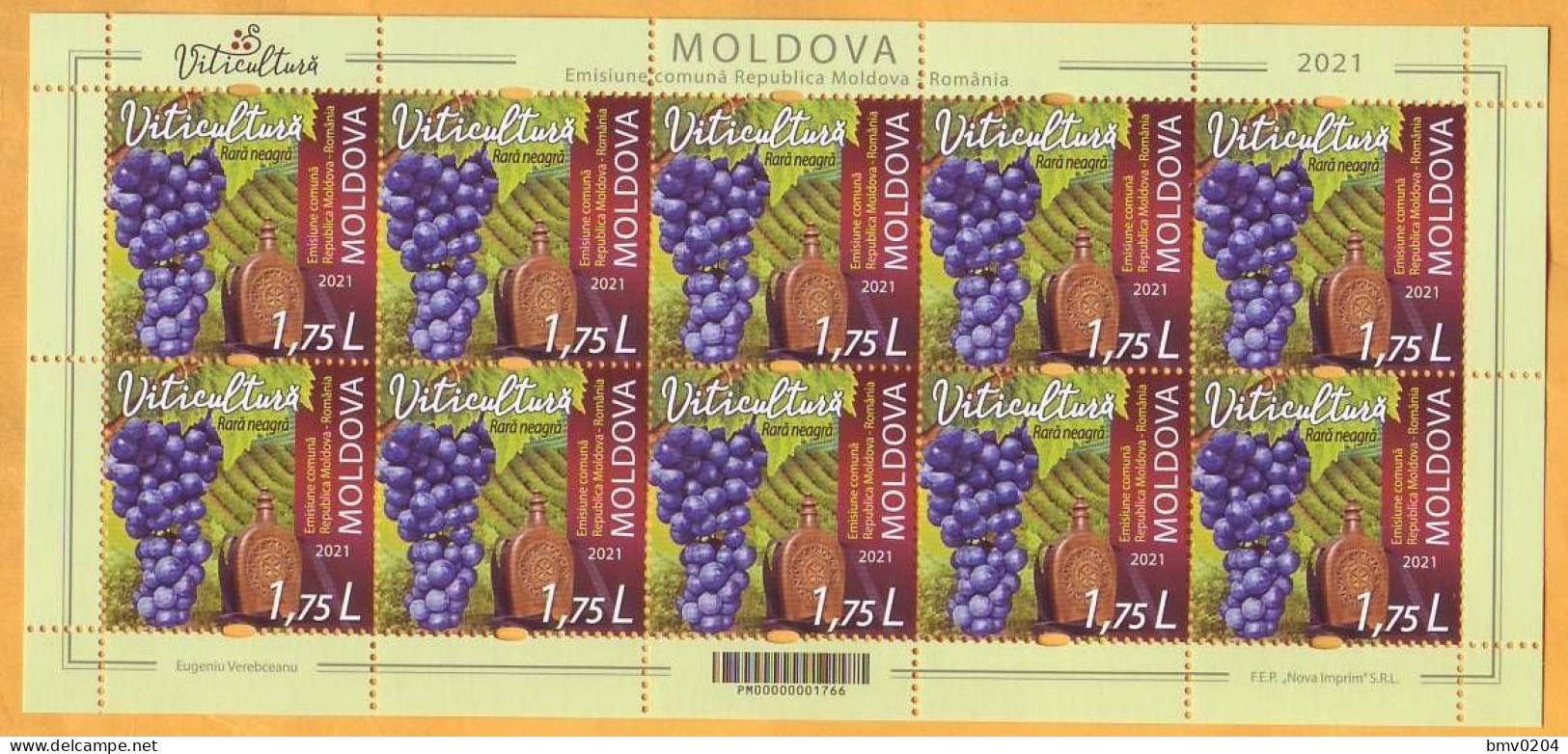 2021 Moldova Moldavie Sheet 1.75 ”Viticulture.” Joint Issue Republic Of Moldova-Romania.Wine, Grapes, Nature  Mint - Emissioni Congiunte