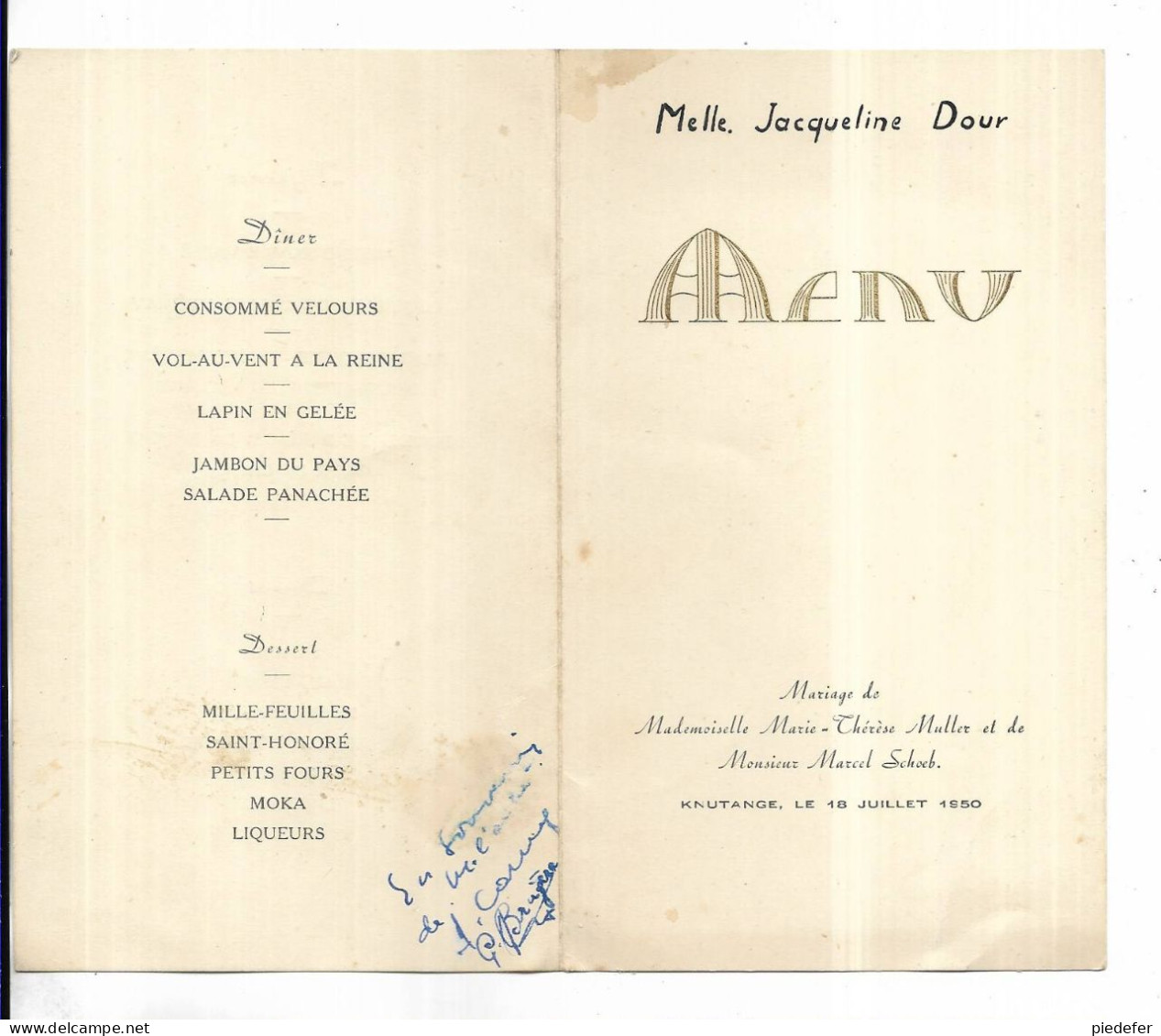 57 - Menu Pour Un Mariage  Célébré à KNUTANGE ( Moselle  ) Le 18 Juillet 1950 - Menu