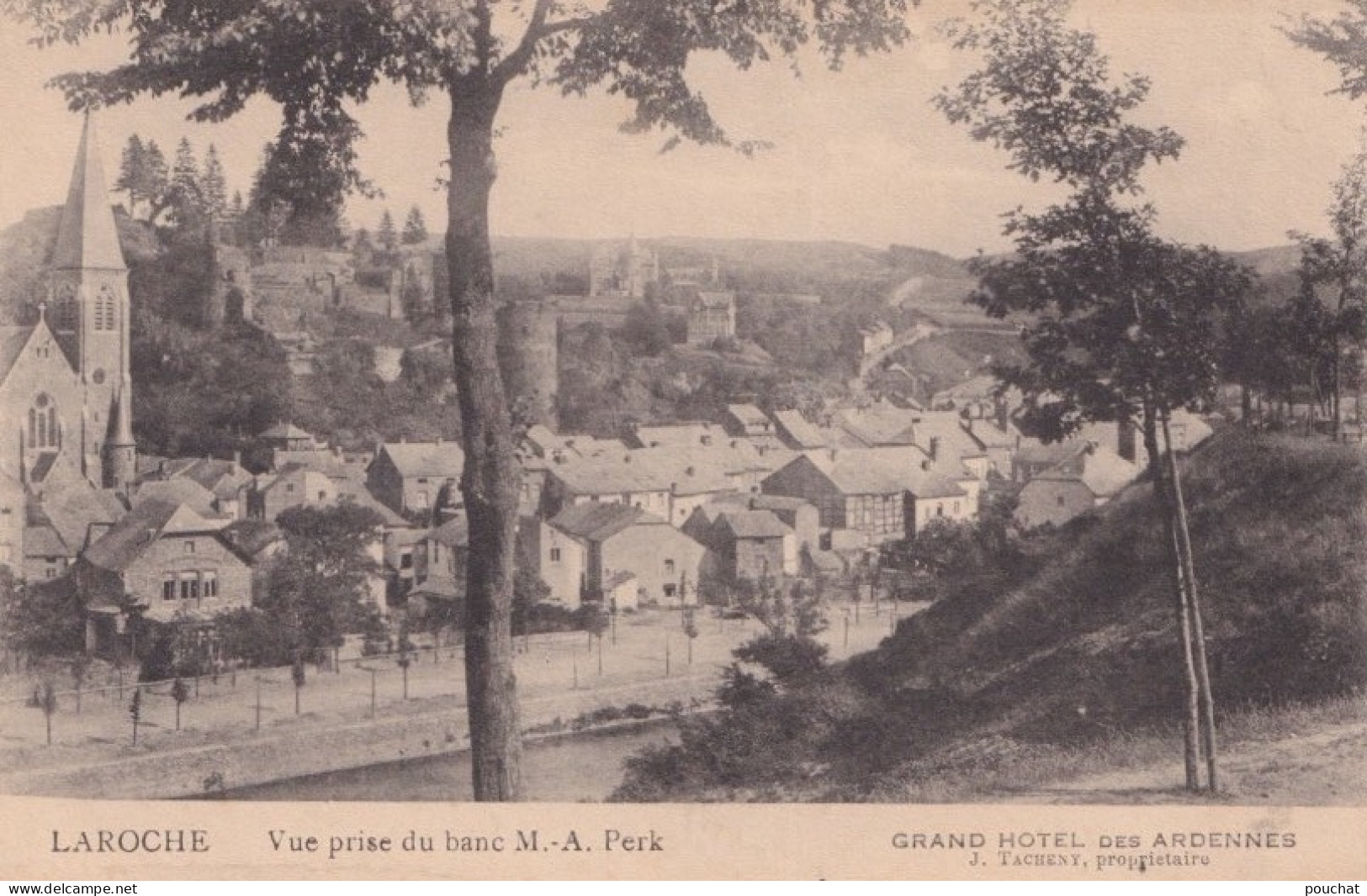 F20- LAROCHE - VUE PRISE DU BANC M. A . PERK - GRAND HOTEL DES ARDENNES J. TACHENY , PROPRIETAIRE -  ( 2 SCANS ) - La-Roche-en-Ardenne