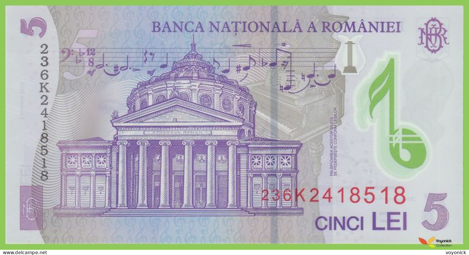 Voyo ROMANIA 5 Lei 2018/2023 P118k B287b 6K UNC Polymer - Roumanie