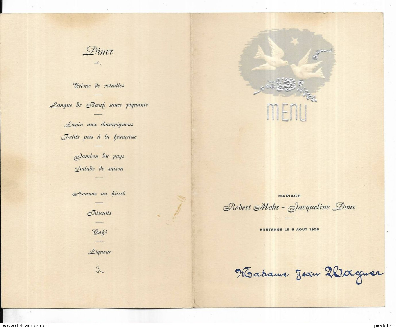 57 - Menu D' Un Mariage Célébré à KNUTANGE ( Moselle ) Le 6 Août 1956 - Menu