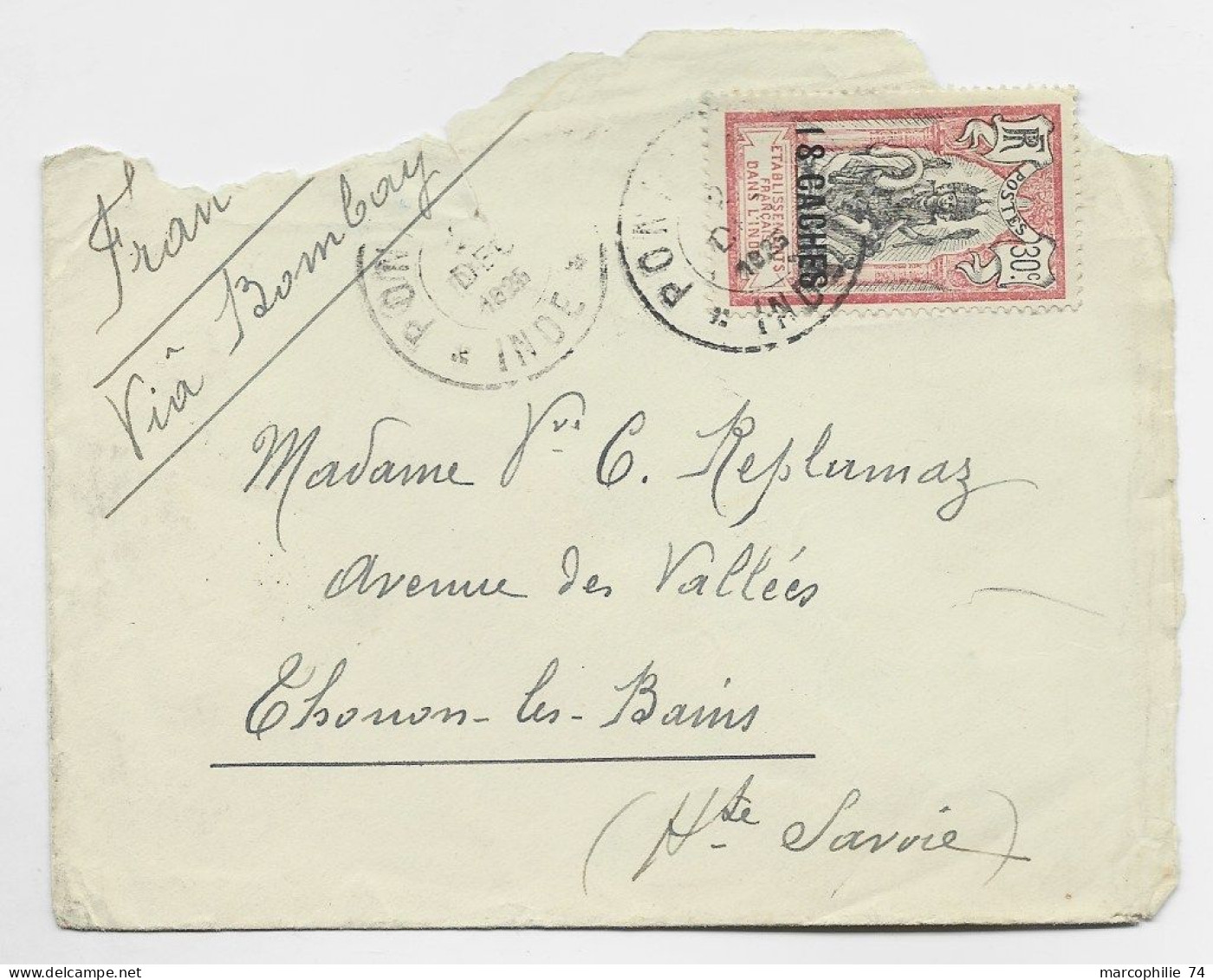 INDE FRANCAISE INDIA 20 CA SOLO DEVANT LETTRE FRONT COVER  DEFAUT PONDICHERY 1925 TO FRANCE - Briefe U. Dokumente