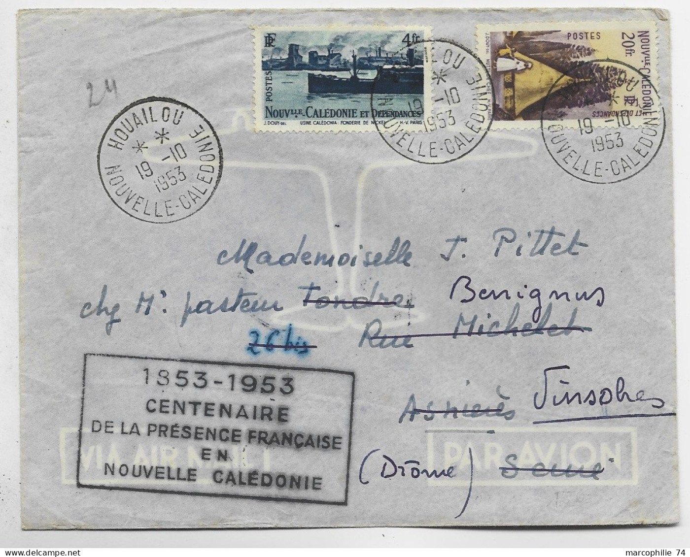 NOUVELLE CALEDONIE 20FR+4FR LETTRE COVER AVION HOUAILOU 19.10.1953 + GRIFFE CENTENAIRE - Storia Postale
