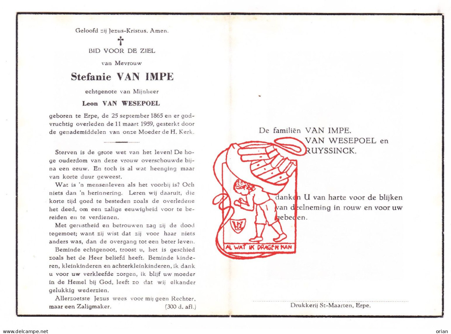 DP Stefanie Van Impe ° Erpe Erpe-Mere 1865 † 1959 X Leon Van Wesepoel // Ruyssinck - Devotieprenten
