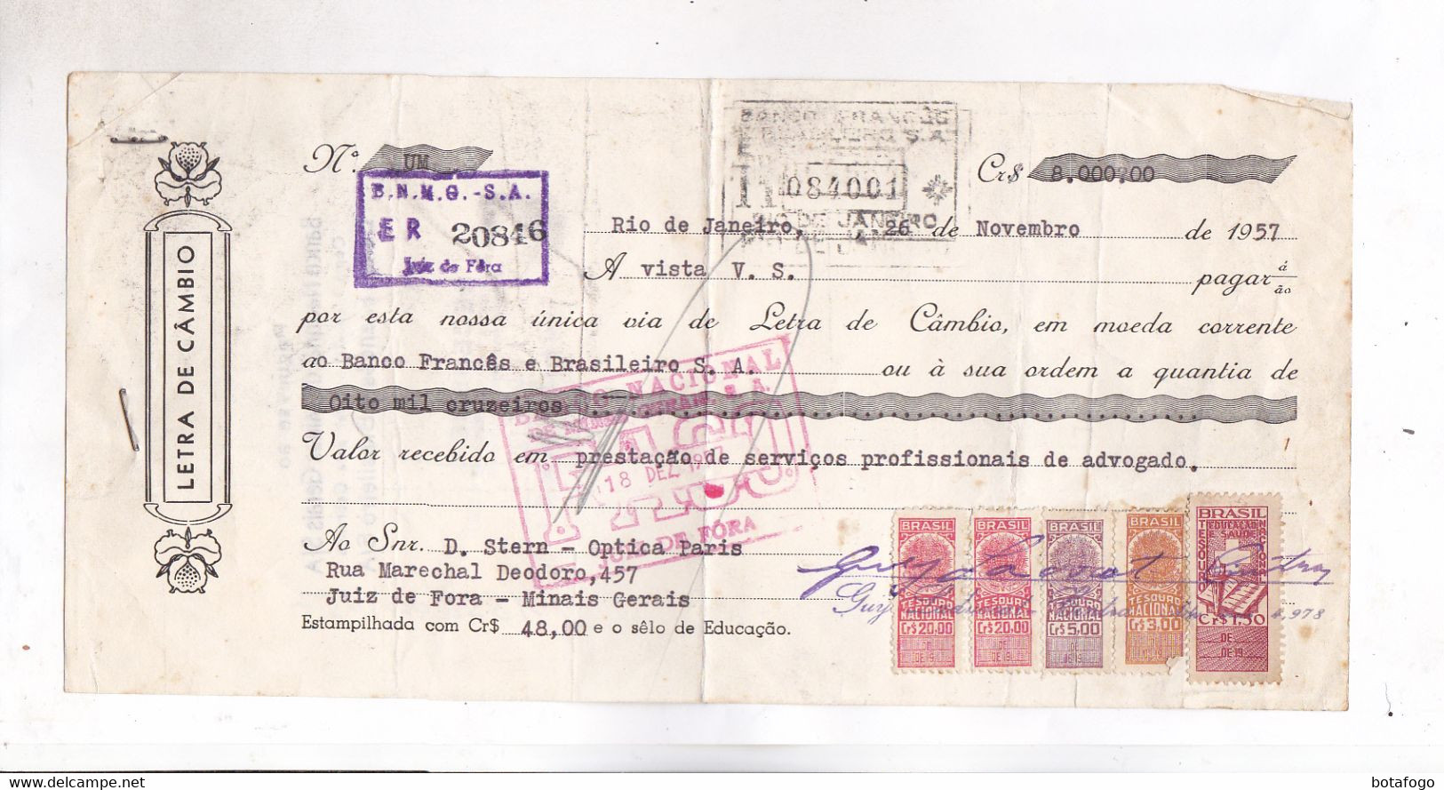 LETTRE DE CHANGE AU BRESIL En 1957 (avec 5 Timbres Fiscaux Bresiliens) - Autres & Non Classés