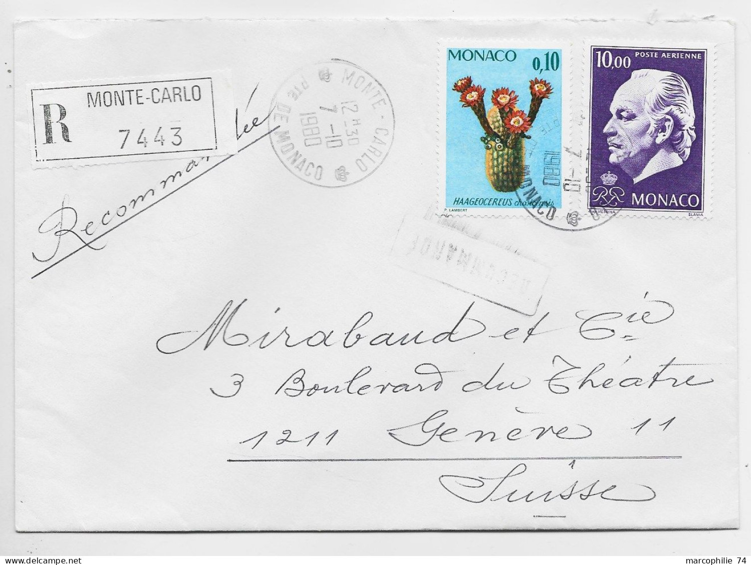 MONACO 10FR +10C LETTRE COVER REC MONTE CAERLO 7.10.1980 POUR SUISSE - Lettres & Documents