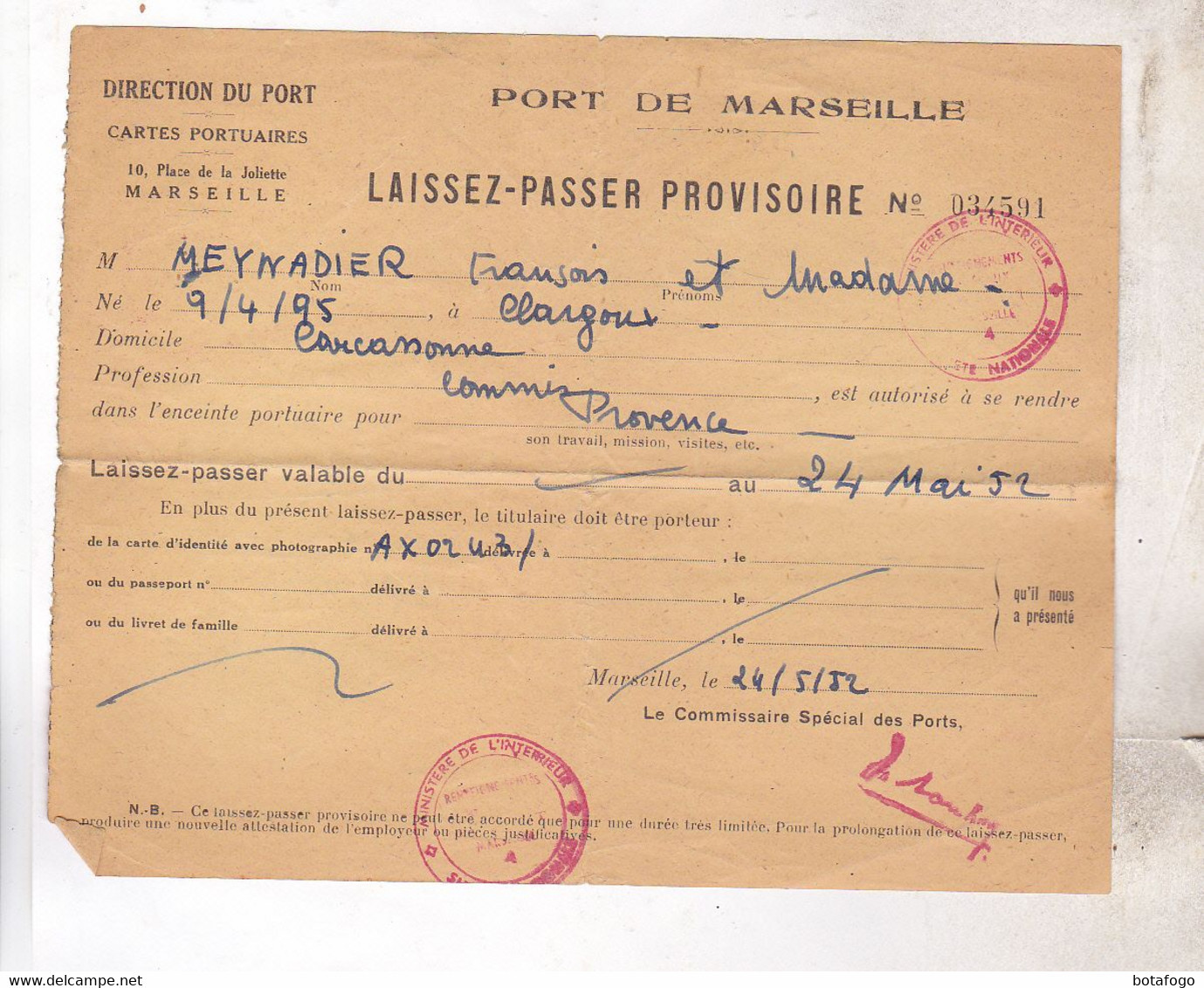 LAISSER PASSER PROVISOIRE PORT DE MARSEILLE En 1952! - Transport