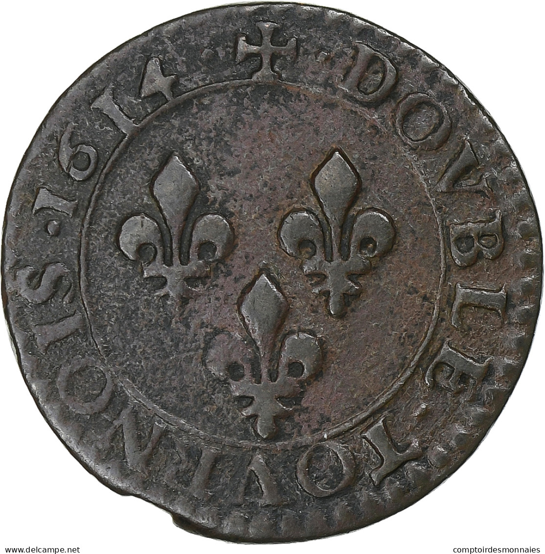 France, Louis XIII, Double Tournois, 1614, Amiens, Cuivre, TB+, Gadoury:7 - 1610-1643 Louis XIII Le Juste