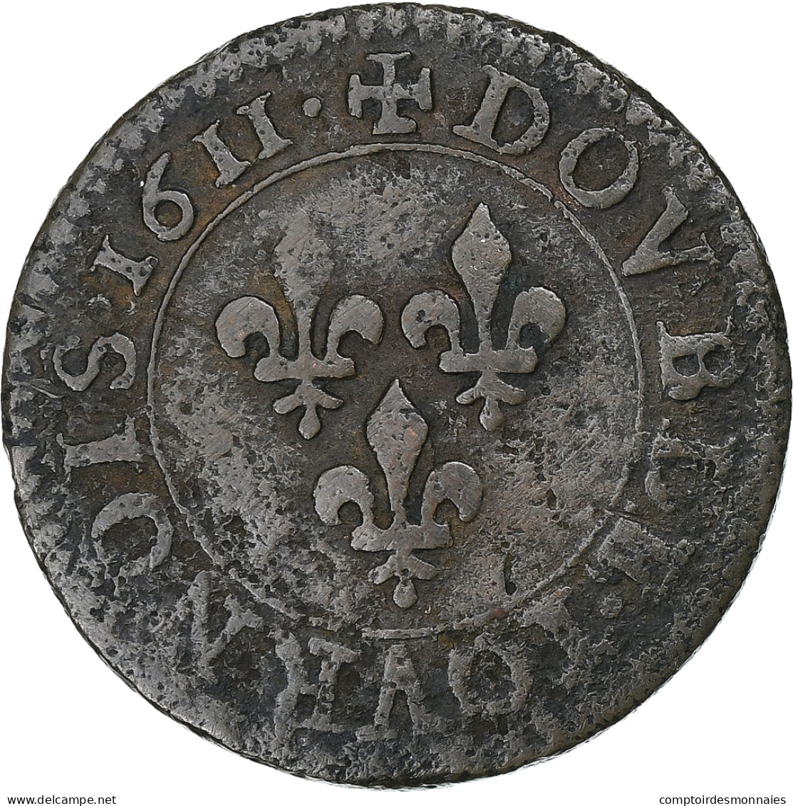 France, Louis XIII, Double Tournois, 1611, Paris, Cuivre, TB+, Gadoury:5 - 1610-1643 Luigi XIII Il Giusto