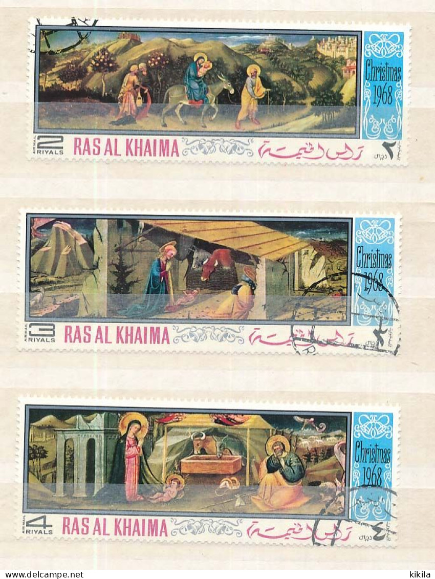 3 Timbres Oblitérés RAS AL KHAIMA I-12 Scènes De La Vie De Jésus Christ  La Naissance - La Fuite En Egypte - Religieux