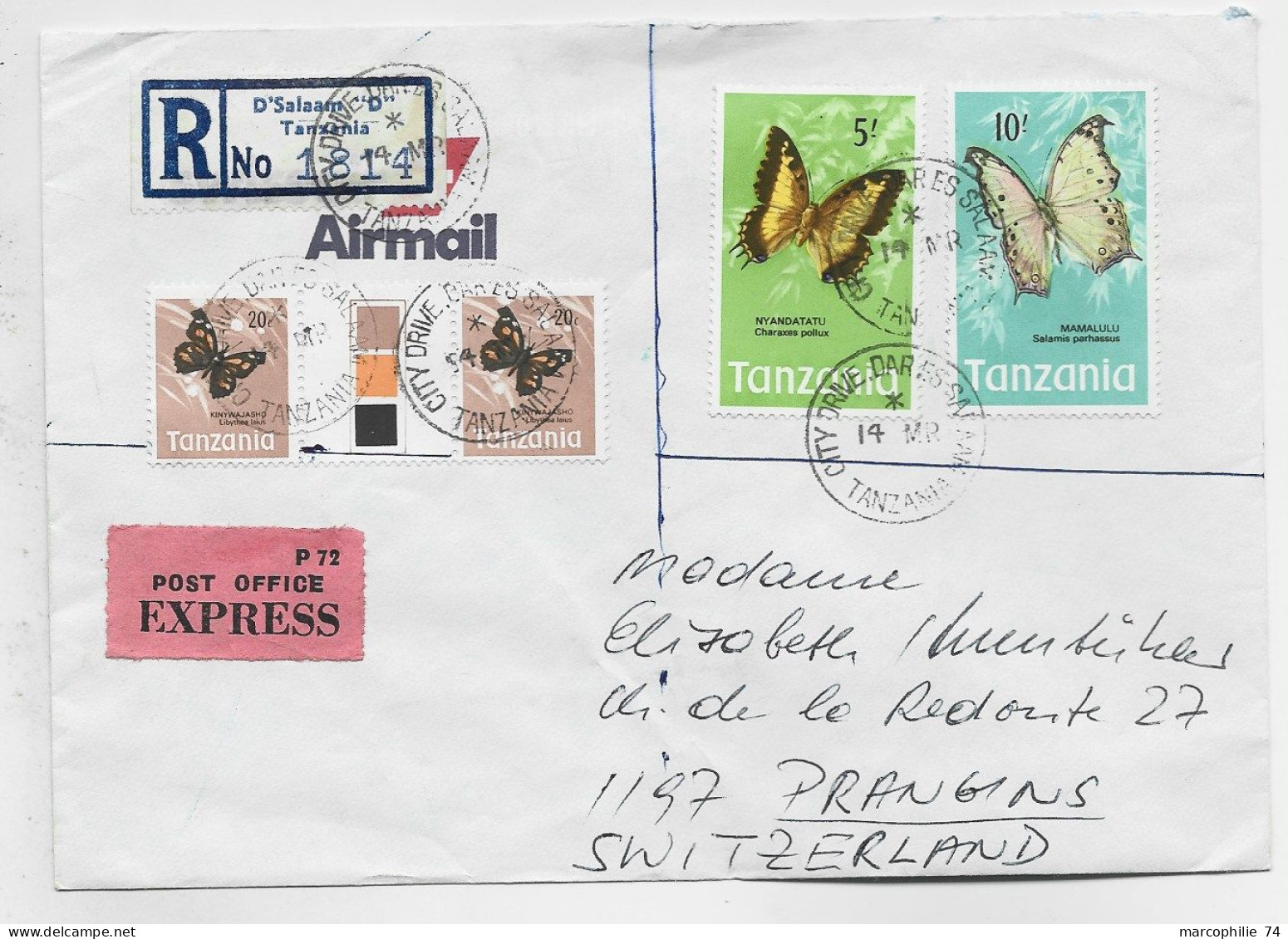 TANZANIA PAPILLON BUTTERFLY 5/+1/+20CX2 LETTRE COVER REC AIR MAIL EXPRES TO SUISSE - Tansania (1964-...)